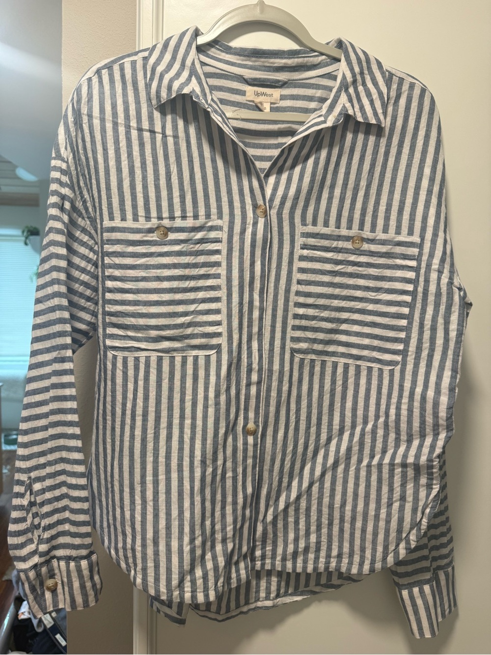 UpWest Blue and White Striped Linen Button-Front Shirt